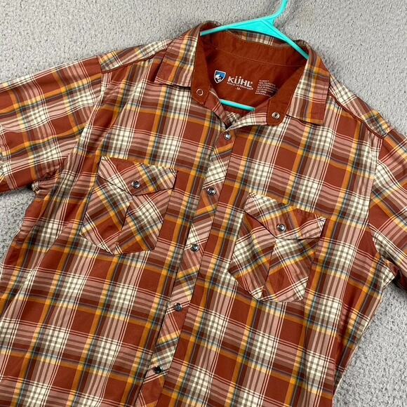 Kuhl Pearl Snap Button Shirt Men's Medium Orange Plaid Western Outdoors Work - Picture 1 of 11